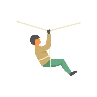 Genç dağcı bir ipe tutunuyor. Aşırı spor eğitiminin bir parçası olarak dik bir dağa tırmanıyor.