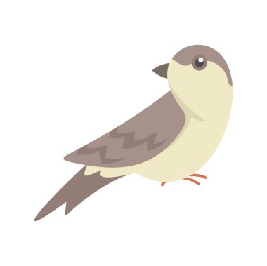 Küçük şirin kuş ayakta duruyor ve başını yana çeviriyor, şeffaf arka planda renkli karikatür çizimleri