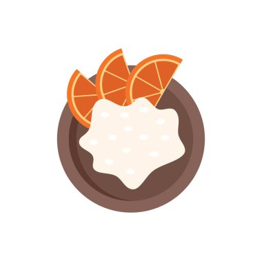 Bu vektör illüstrasyonunda portakal dilimleriyle süslenmiş cazip bir kase pirinç pudingi var. Tatlı tarifleri ya da yemek tarifleri için mükemmel.