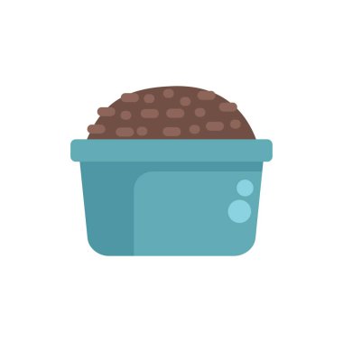 Bahçe işleri ve ekime hazır taze saksı toprağı tutan mavi bir konteynerin basit vektör çizimi