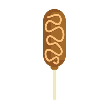 Bu vektör illüstrasyonunda sopa üzerinde klasik bir mısırlı sosis var. Hardal kaplamalı. Yiyecek, abur cubur ve yaz ziyafetleriyle ilgili her proje için mükemmel.