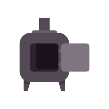 Ev ısıtması için açık kapısı olan modern metal soba, beyaz arka planda minimalist vektör çizimi