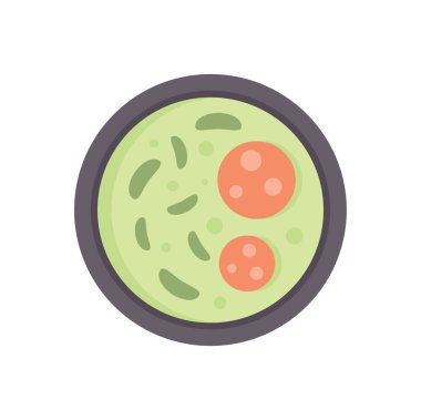 Bir kase yeşil bezelye çorbasının yukarıdan çekilmiş sosis dilimleriyle basit bir temsili.