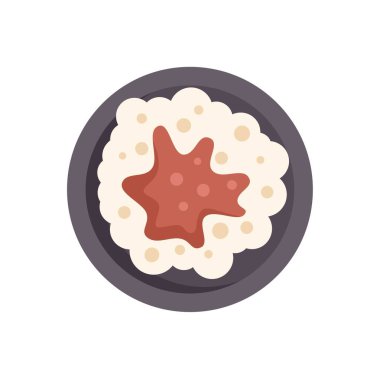 Lezzetli geleneksel Japon pilavlı yuvarlak tabak. Öğle yemeğinde Norveç yosunu ve baharatlı sos servis ediliyor.