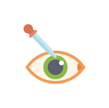 Bu düz tasarım ikonu, göz bakım ve tedaviyi temsil eden yeşil bir göze göz damlası uygulayan bir göz damlası tasvir eder.