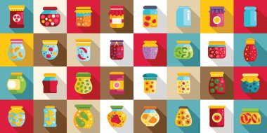 Turşu kavanozu ikonları hazır. Çeşitli korunmuş yiyecekleri içeren renkli kavanozlar canlı ve çeşitli mutfak lezzetleri sergiliyor.