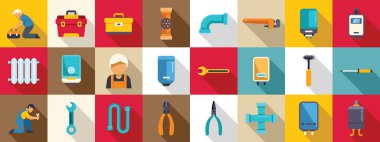 Isıtıcı boru hattı simgeleri ayarlandı. Tesisat simgeleri farklı tesisat araçlarını, boruları, su ısıtıcısını, radyatörü ve diğer tesisat ekipmanlarını gösteriyor.