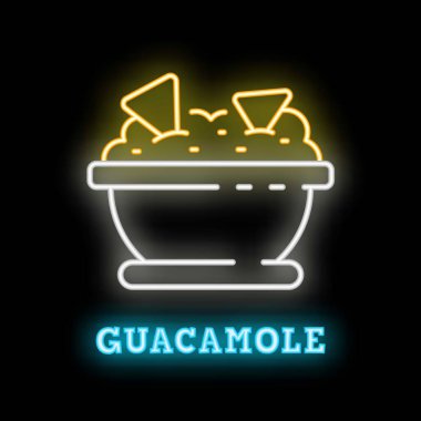 Guacamole ve tortilla cipsi dolu bir kasenin neon işareti. Her restoran ve bar için mükemmel.