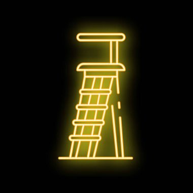 Sarı parlayan neon ikonu, siyah arkaplanda izole edilmiş bir kaydırma ile bir oyun alanı kulesini temsil ediyor.