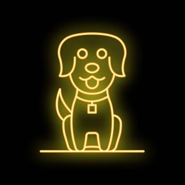 Sarı neon işareti, altın labrador av köpeğinin dili dışarıda, siyah bir arka planda oturuyor.