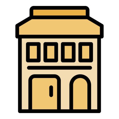 İki katlı bir binanın ön cephesinin basit vektör simgesi. Tenteli, birden fazla penceresi ve alt katta iki kapısı var.