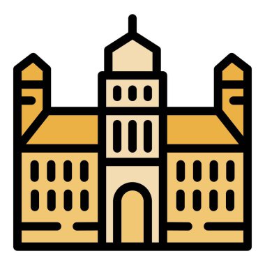 Büyük giriş ve pencere simgesine sahip üniversite binası, ana hatları doldurulmuş