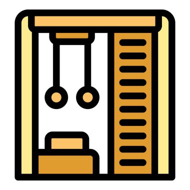 Jimnastik yüzükleriyle İsveç duvar parmaklıklarını temsil eden basit bir simge ve evde çalışmak için bir bank