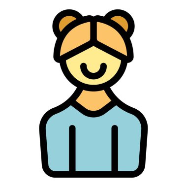 İki kalçalı gülümseyen kız saç stili avatar ikonu, kalın hatlı, renkli bir şekilde dizayn edilmiş.