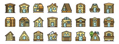 Ahşap kulübe ikonları orman, dağ veya kırsal alanlar için uygun büyüleyici ahşap evler tasvir, kırsal bir cazibe ve sükunet hissi uyandıran