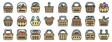Farklı stilleri, boyutları, içeriği ve dokuma kalıplarını tasvir eden çeşitli piknik sepeti simgeleri, açık hava yemek ve boş zaman aktivitelerini temsil etmek için idealdir.