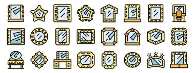 Güzellik, kozmetik ve kişisel bakım için çeşitli şekiller, stiller ve tasarımlar içeren makyaj aynası simgeleri