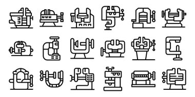 Makine yardımcısı simgeleri ayarlandı. Vise kavrama aracı sabitleme ekipman bank klemp sıkıştırma makine simgeleri ana hat biçim çizimi ayarlayın