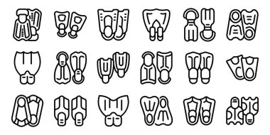 Dalgıç yüzgeçleri simgeleri ayarlandı. Dalgıç yüzgeçlerinin siyah çizgi simgeleri, farklı stillerde yüzmek ve dalmak için paletler