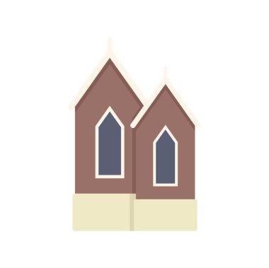 Kemerli camları olan küçük kahverengi kilise binası, beyaz süslemeli ve kahverengi çatısı bej temeli üzerinde duruyor.