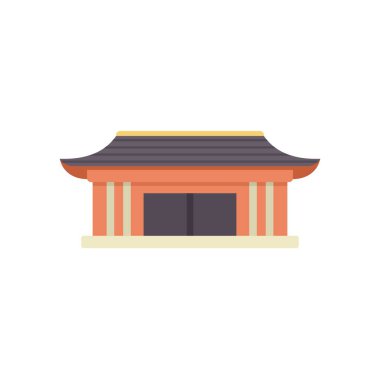 Eğri çatılı, sütunlu ve çift kapılı Asyalı bir binayı temsil eden basit bir vektör çizimi