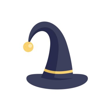 Altın tokalı çizgi film cadı şapkası beyaz arka planda izole edildi ve cadılar bayramı partisini bekliyor.