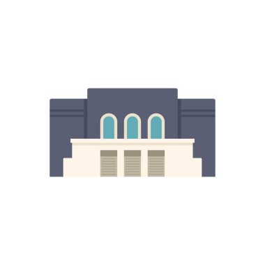 Beyaz arka planda düz stil yalıtılmış kemerli pencere simgesi olan büyük bina cephesi. Yapım ve inşa sembolü vektör illüstrasyonu