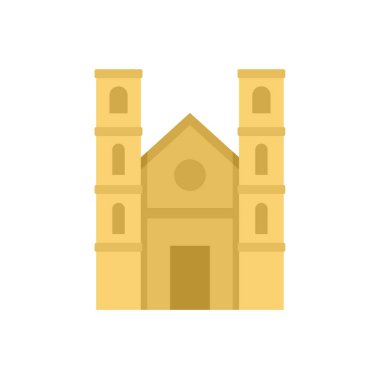 Düz çizgi film tarzında, iki kulesi olan büyük bir kilise binasının görüntüsü.