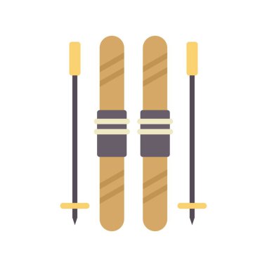 Bu düz tasarım ikonu yamaçlarda bir gün için hazır bir çift kayak ve sırık içerir