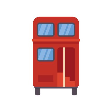 Kırmızı çift katlı, kapısı açık, merdivenleri, dikiz manzarası, basit düz vektör illüstrasyonu.