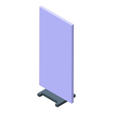 Dikey boş rulo pankart açık mor bir yüzeyi gri bir tabanda sergiliyor. Ticaret fuarları, konferanslar ve etkinlikler için ideal.