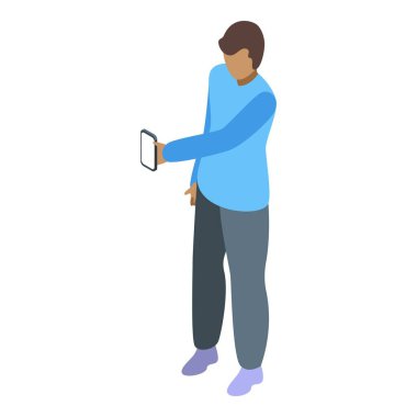 Sıradan giyinmiş erkek karakter akıllı telefon kullanıyor, cep telefonu tutuyor, internette geziniyor, video izliyor, oyun oynuyor.