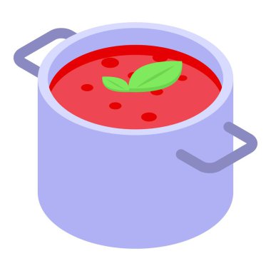 Taze fesleğen yaprağıyla süslenmiş domates çorbası içeren metal pişirme kabı.