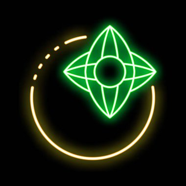 Sarı dairesel yörüngede dönen yeşil bir elması temsil eden neon işareti, değerli zaman kavramını sembolize eden bir tasarım.