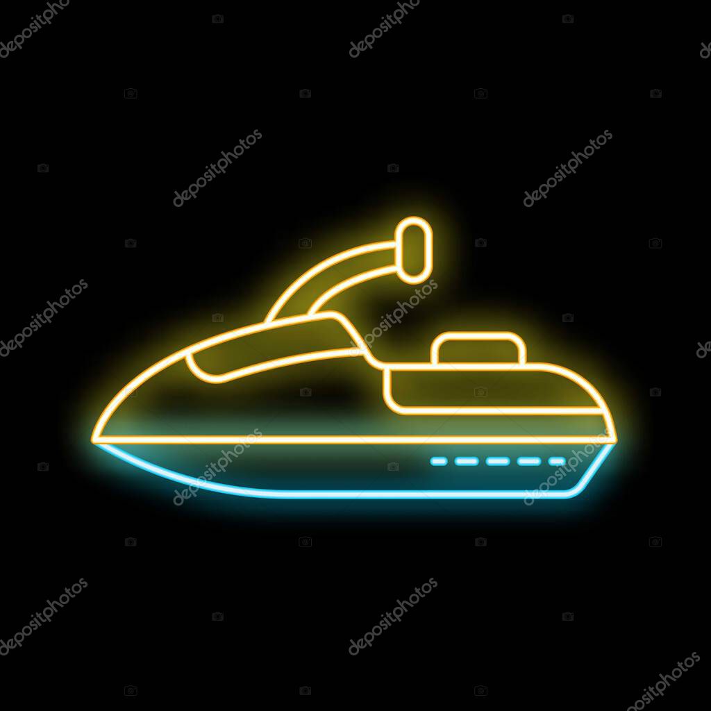 Yellow and blue neon sign representing a jet ski, glowing on a wall at night