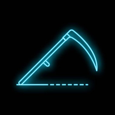 Parlak neon mavisi tırpan siyah arkaplan üzerinde noktalı bir çizgi olan çimenleri kesiyor.
