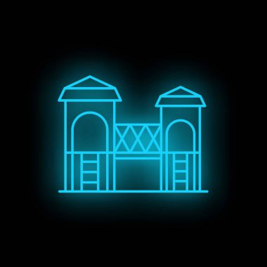 Bir köprüye bağlı iki kulenin yer aldığı bir oyun alanı yapısının parlak mavi neon ikonu, çocukluk sevincini ve açık hava eğlencesini anımsatıyor