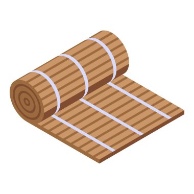 Yuvarlak hasırlı, ahşap bir dokuya sahip, izometrik bir görüntüde sunulan.