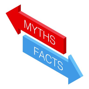 Kırmızı ve mavi oklar zıt yönleri işaret ediyor. Üzerinde efsaneler ve gerçekler yazıyor. Gerçek ve yanlış bilgi arasındaki zıtlığı temsil ediyor.