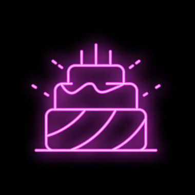 Koyu arkaplanda parlak bir şekilde parlayan mumlu bir doğum günü pastasının neon işareti.