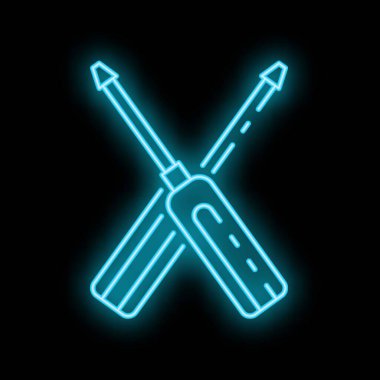 Koyu arkaplanda parlayan iki çapraz tornavidanın mavi neon simgesi, teknik destek ve onarım servisini temsil ediyor