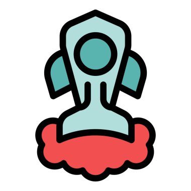 Çizgi film roketi fırlatılıyor, altında bir duman bulutu bırakıyor.