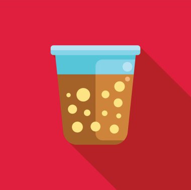 Plastik bardakta karbonatlı içecek, görünür kabarcıklar ve açık mavi bir kapak, canlı kırmızı bir zemin üzerine kurulmuş