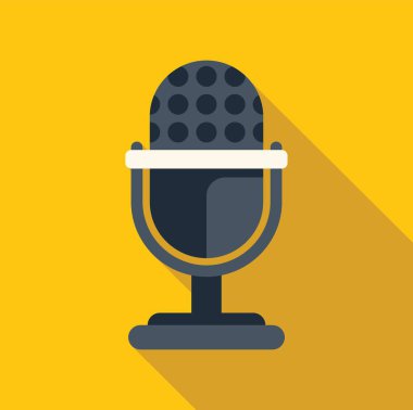 Klasik mikrofon sarı arkaplanda yayınlanıyor, podcast, müzik kaydı veya ses projeleri için mükemmel