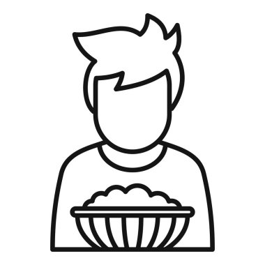 Yemek yeme, yemek yeme ve beslenme kavramlarını temsil eden, elinde bir kase yiyecek tutan genç bir adamın basit çizgi simgesi.