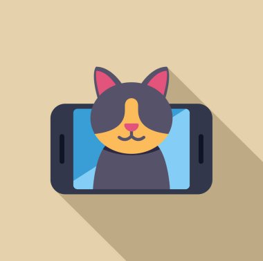 Sevimli kedi akıllı telefonuyla selfie çekiyor. Mobil ekranda komik bir hayvan portresi çekiyor.