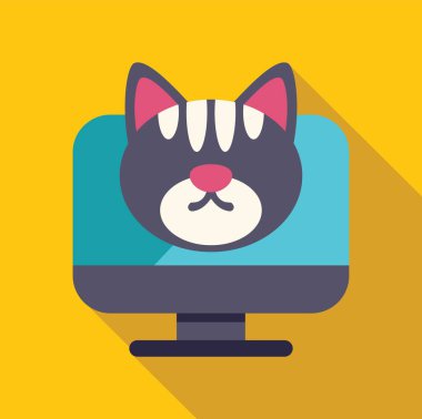 Oyuncu kedi yüzü bir bilgisayar ekranında gösteriliyor, çevrimiçi evcil hayvan hizmetlerini, sanal hayvanları veya hayvanlarla ilgili teknolojiyi temsil ediyor