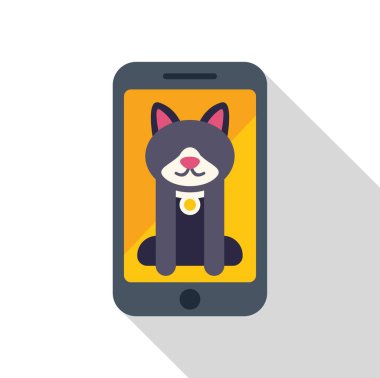 Akıllı telefon tasma takan sevimli siyah bir kedi gösteriyor, çevrimiçi evcil hayvan topluluklarını temsil ediyor ve evcil hayvan fotoğraflarını paylaşıyor.
