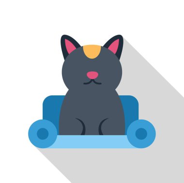 Sevimli siyah kedi rahat bir mavi kanepede dinleniyor, evcil hayvan ve ev dekorasyonu için mükemmel.