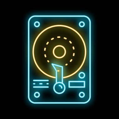 Siyah arkaplanda parlayan parlak neon disk sürücüsü simgesi